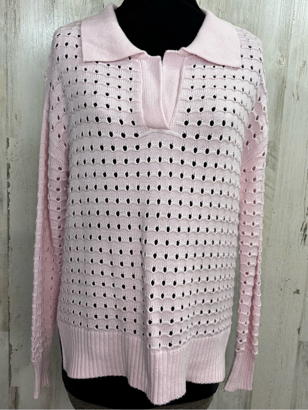 Joie Pale Pink Eyelet Open-Knit V-Neck Collar Sweater